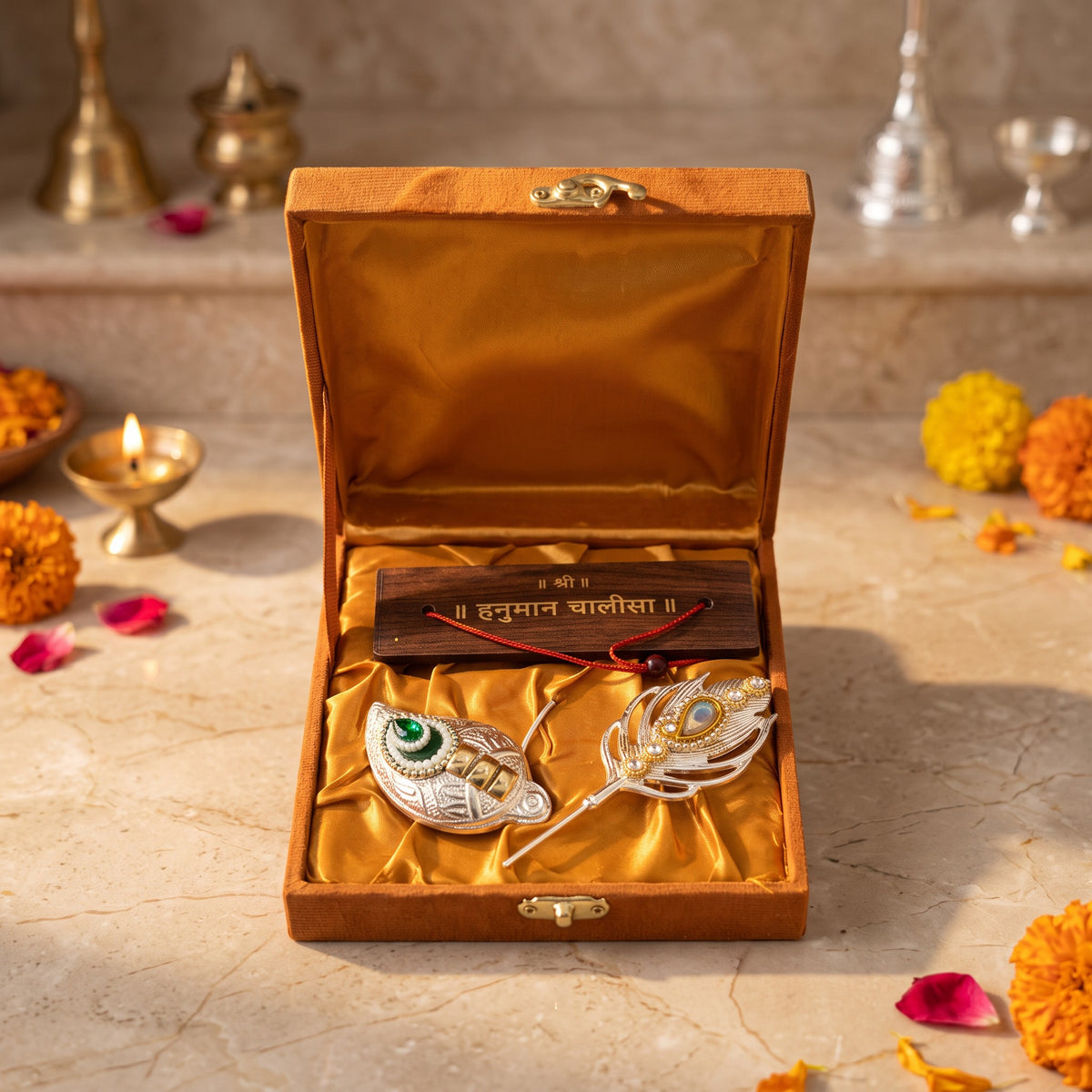 Hanuman Chalisa Pothi with Tilak Set, Saffron Velvet Keepsake Box (3 in 1)