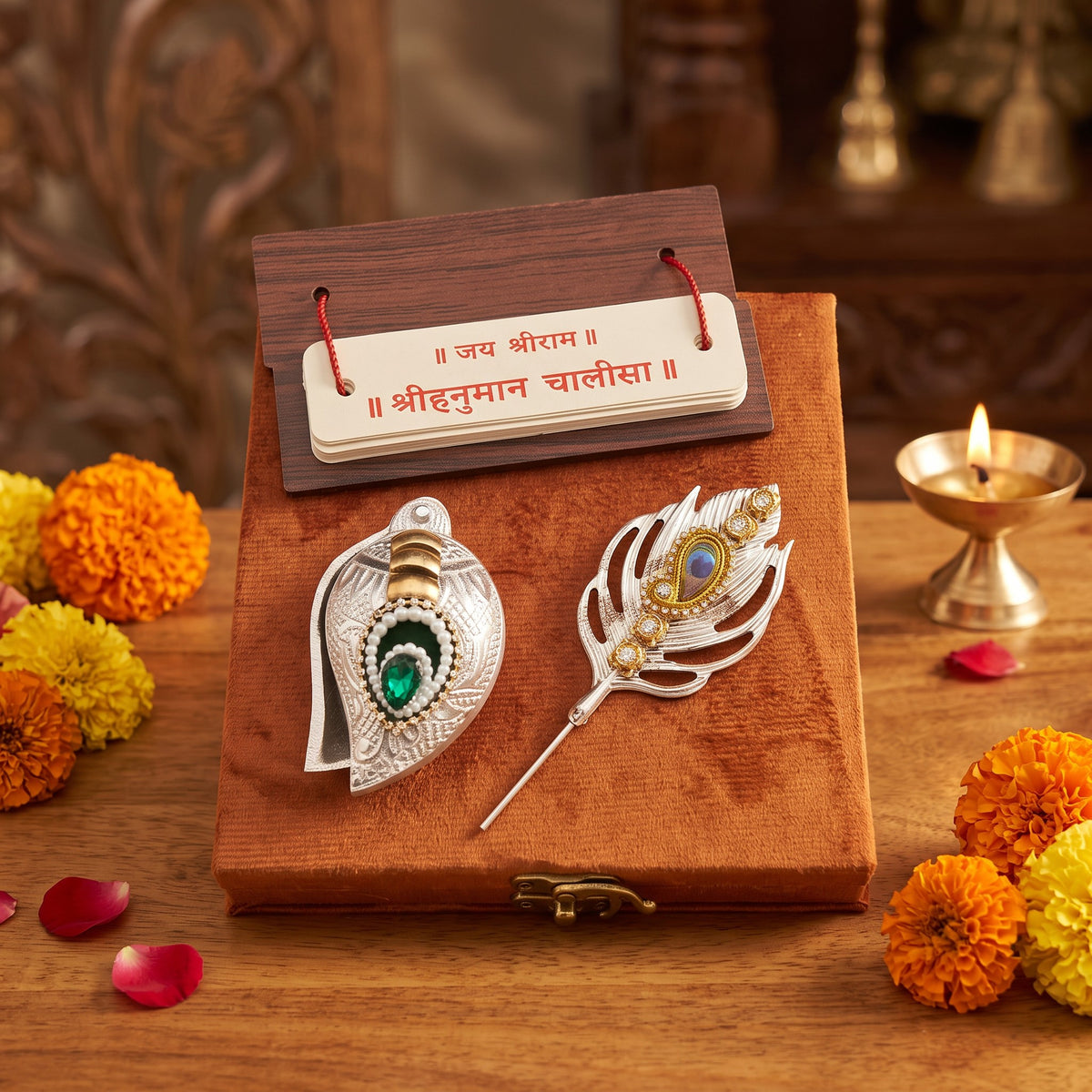 Hanuman Chalisa Pothi with Tilak Set, Saffron Velvet Keepsake Box (3 in 1)