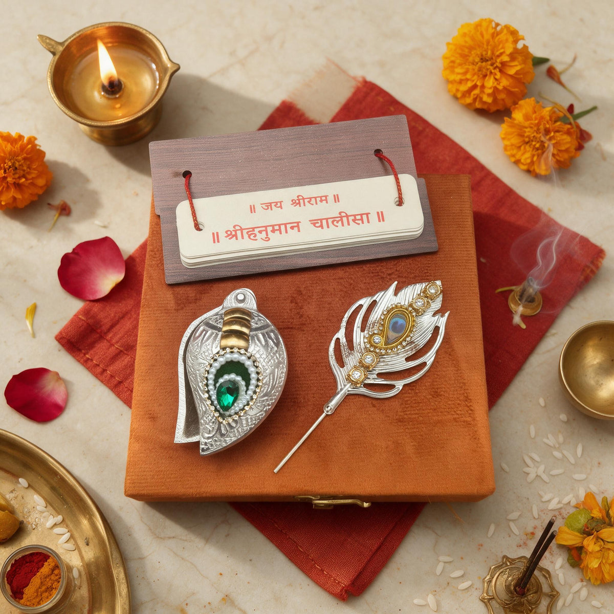 Hanuman Chalisa Pothi with Tilak Set, Saffron Velvet Keepsake Box (3 in 1)