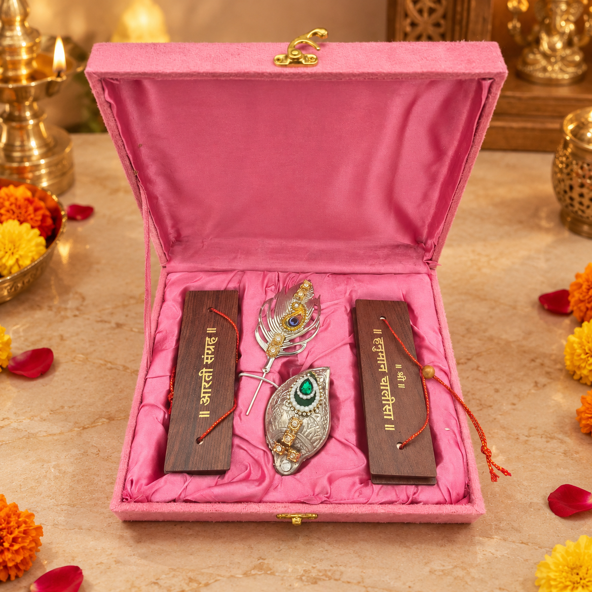 Aarti Sangrah and Hanuman Chalisa Pothi with Tilak Set, Pink Velvet Keepsake Box (4 in 1)